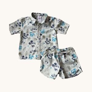 Disney Junior Mickey Linen Blend Button Down & Shorts Set 4T Sage Blue